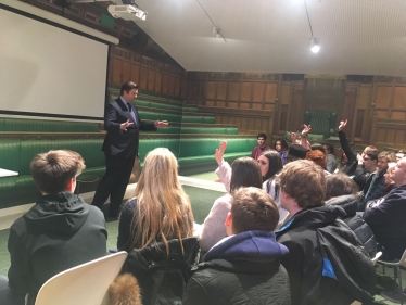 James speaking to students from Strode College 